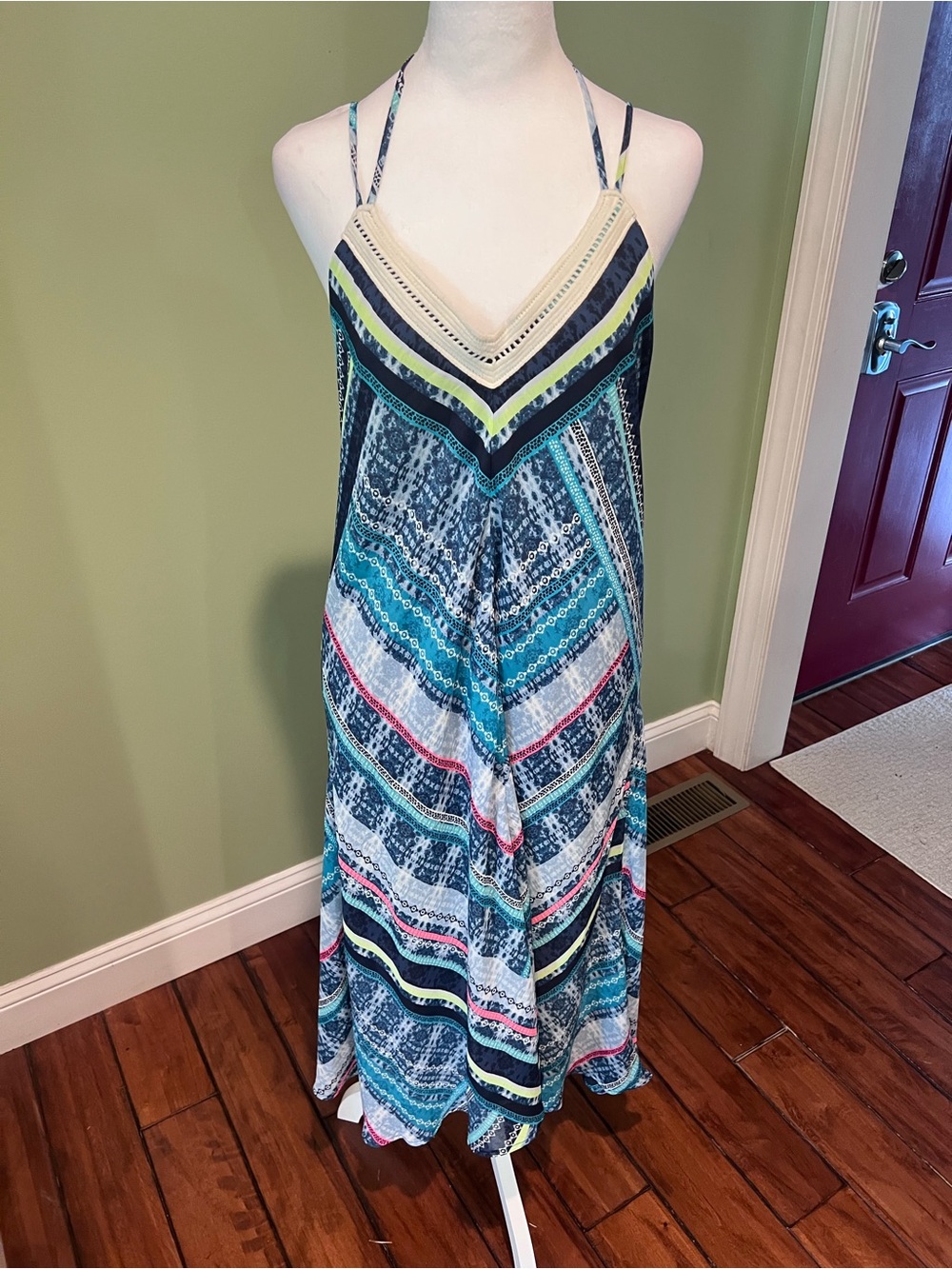 NWT Maurices Striped Blue & Navy Maxi Dress with Lime Accents